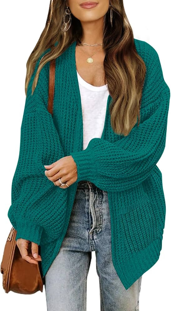 MEROKEETY Women's Open Front Long Lantern Sleeve Cardigan Oversized Chunky Outwear with Pocket | Amazon (US)