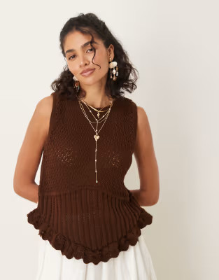 ASOS DESIGN crochet knitted top in brown | ASOS | ASOS (Global)