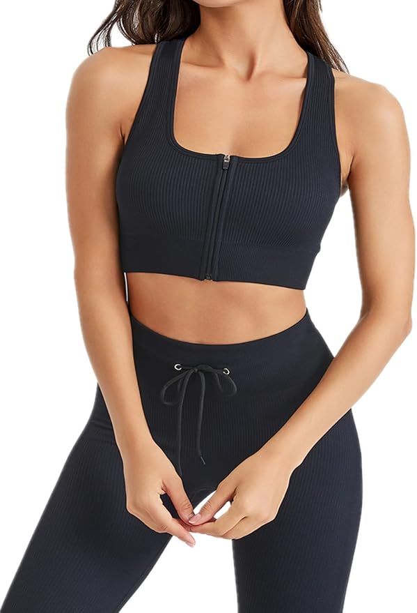 XOHK Two Piece Workout Set for Women Women's Zip Waisted Bras Tummy Control Leggings Gym Sets | Amazon (US)