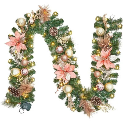 Pre-Lit 9ft Rose Gold Christmas Garland with 40 LED Battery-Operated Lights, Timer & Ball Ornaments for Fireplace, Stair & Mantle Decor | Wayfair North America