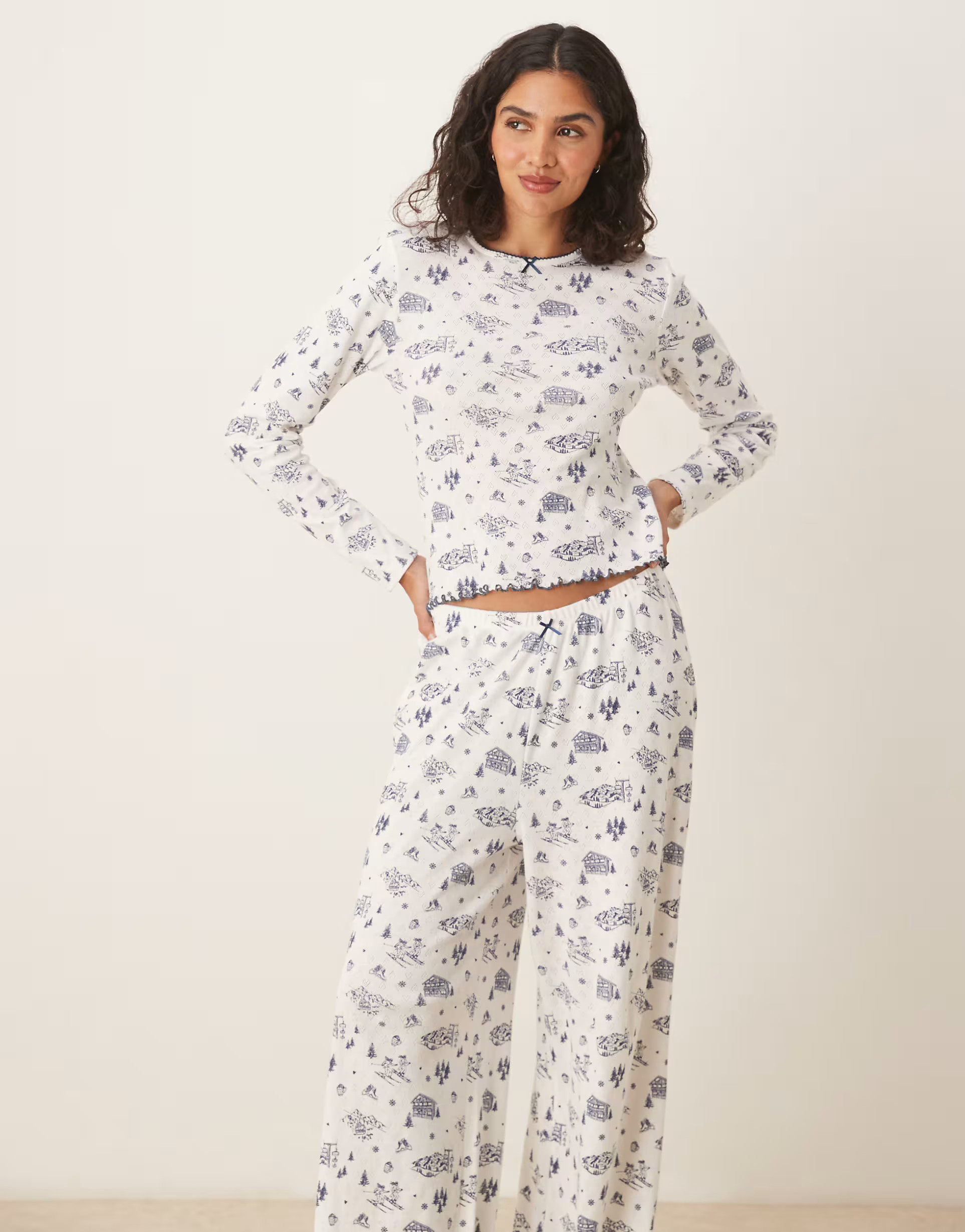 ASOS DESIGN pointelle pyjama trouser and long sleeve tee set in blue scenic print | ASOS (Global)