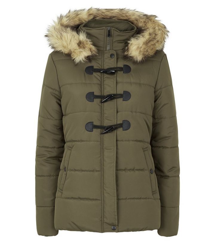 Khaki Faux Fur Trim Duffle Puffer Jacket | New Look | New Look (UK)