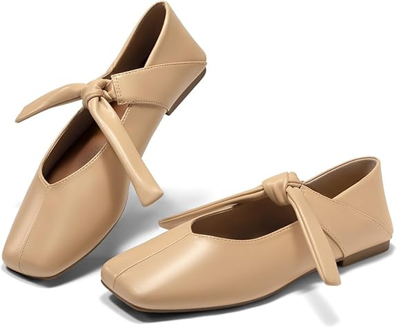 Coutgo Womens Mary Jane Flats Bow Square Toe Ballet Flats Dressy Comfortable Slip on Flat Shoes | Amazon (US)