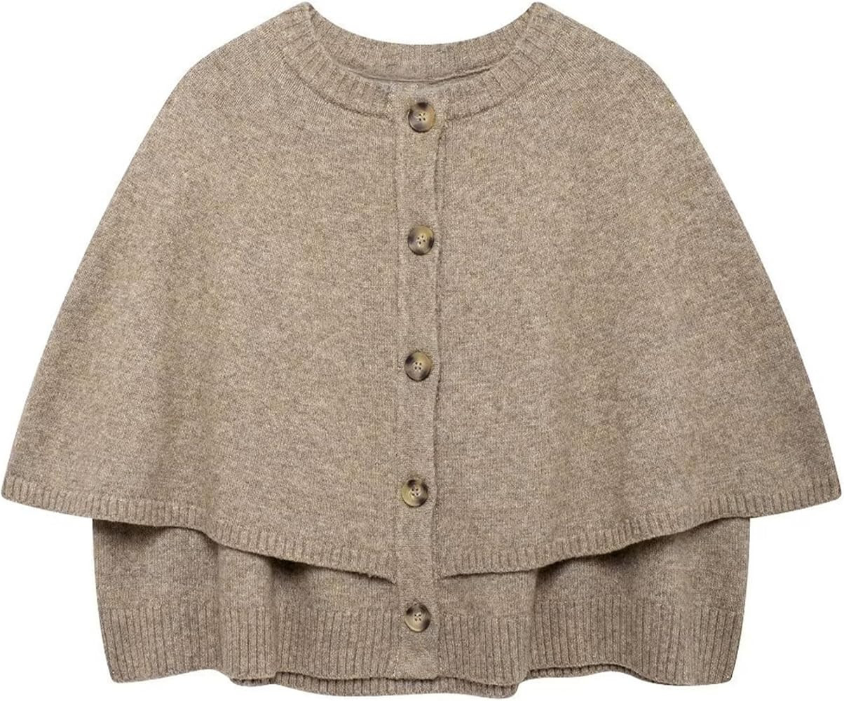 HOULENGS Women's Round Neck Shawl Cardigan Sweater Casual Button Down Cropped Knit Cape Coat Fall... | Amazon (US)