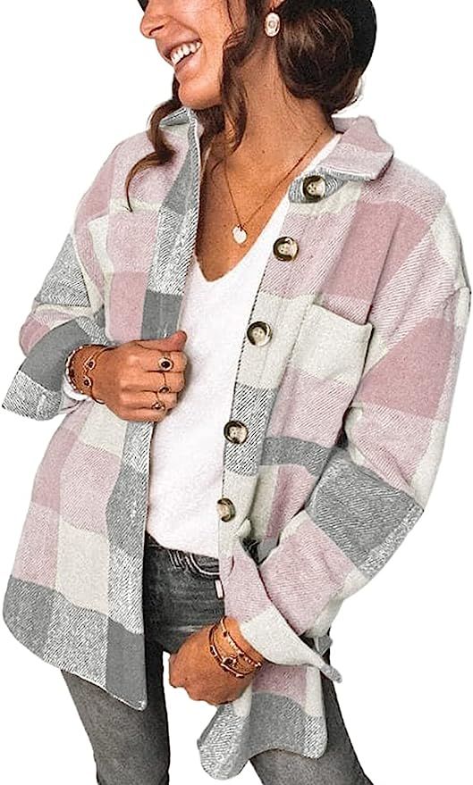 Sidefeel Women Plaid Long Sleeve Button Down Collar Long Shirt Oversized Coat | Amazon (US)