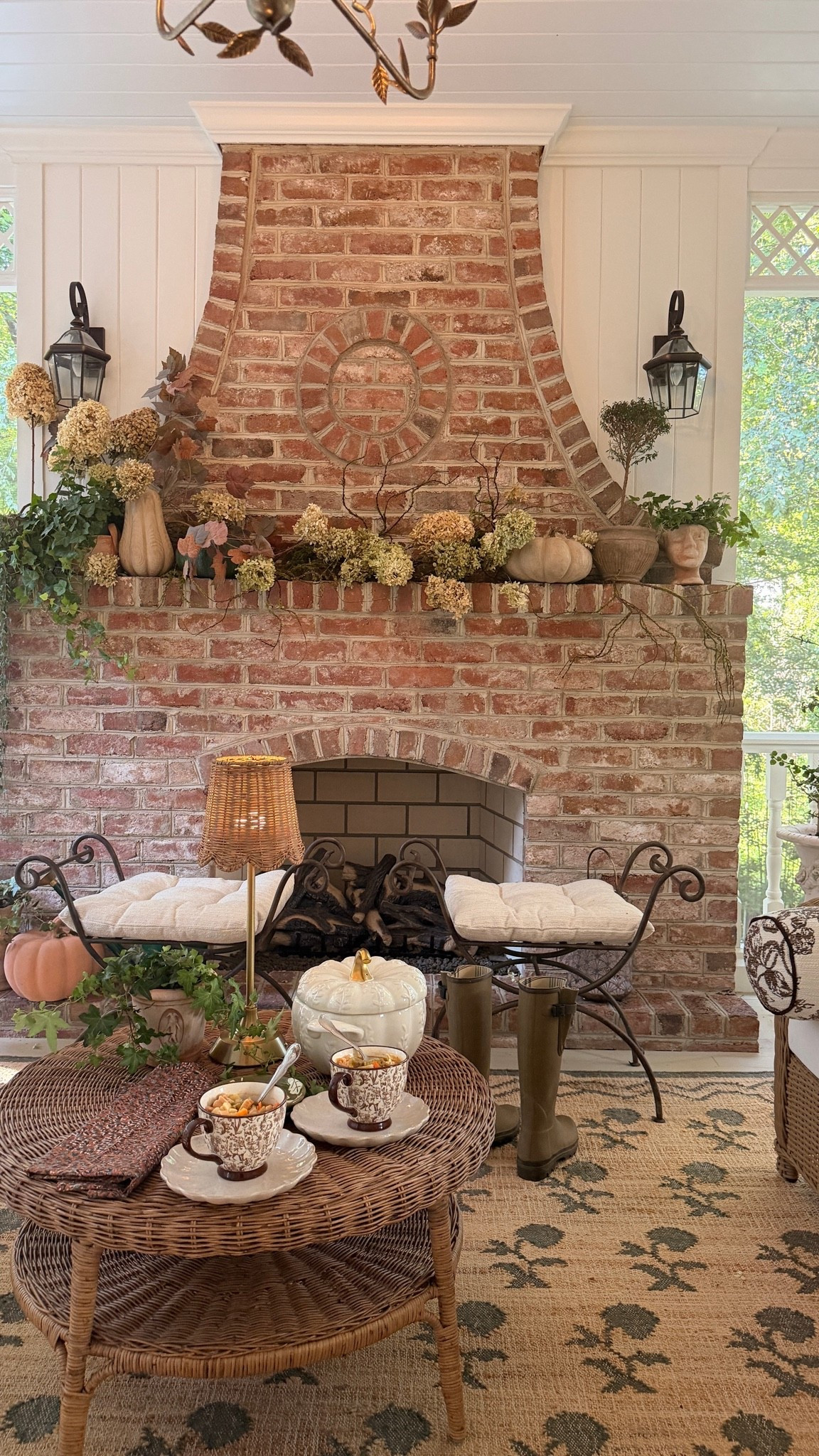 Layering in all the fall favorites! Dried hydrangeas, pumpkins, warm wicker, cozy mugs and seasonal dishware.  Simple touches that make an outdoor space feel extra inviting for fall. 🤎

#LTKHome #LTKSeasonal
