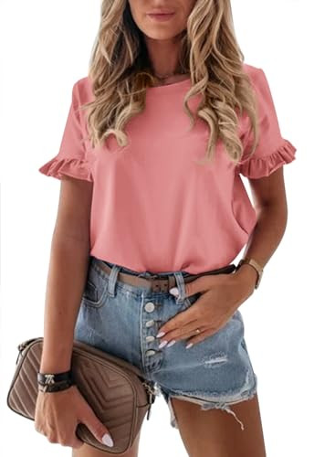 PRETTYGARDEN Women's Short Sleeve Casual T Shirts Summer Ruffle Plain Round Neck Loose Fit Tee Bl... | Amazon (US)