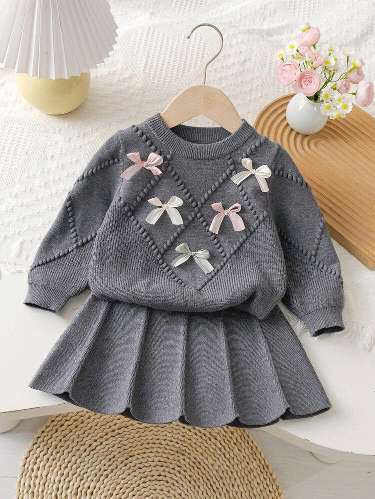 Souflis Souflis 6-9 Months Baby Girls Warm Outfit, Baby Girls Winter Warm Knitted 2 Pieces Set, Cute Bow Sweater And Pleated Skirt Set, Comfortable Soft And Skin-Friendly | SHEIN