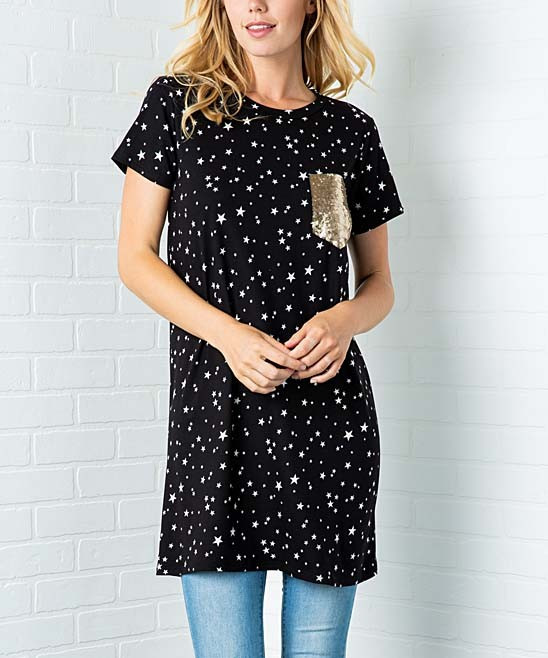 Acting Pro Women's Tunics BLACK - Black & Gold Star Sequin-Accent Pocket Tunic Dress - Women & Plus | Zulily
