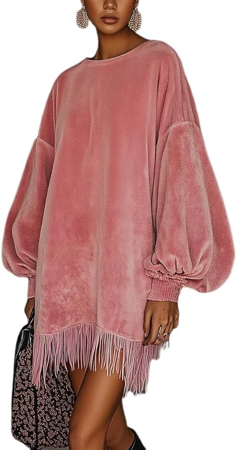 Apvirdy Womens Faux Suede Tassel Mini Dress Vintage High Neck Velvet Dresses Loose Pocket Long Sl... | Amazon (US)