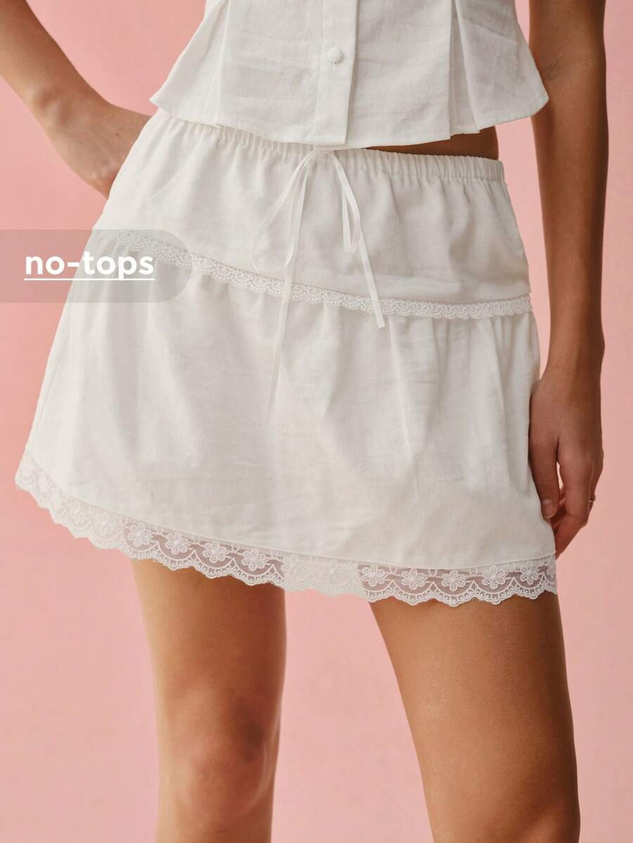 Enchnt Spring /Summer Romantic Women Contrast Lace Tie-Waist Linen Short Skirt,Sweet&Elegant Outf... | SHEIN