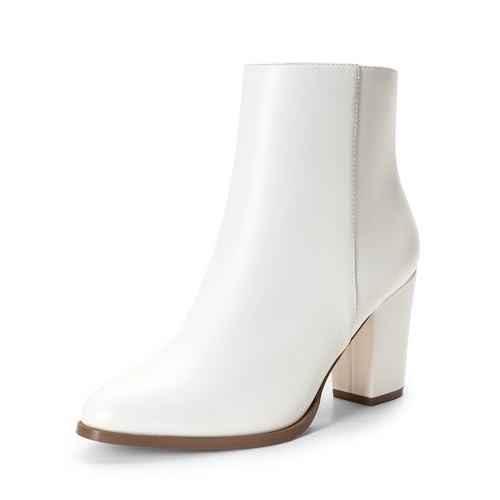 DREAM PAIRS Women's Ankle Boots Chunky Block Heel Booties,Size 9.5,WHITE-PU,ANITA | Amazon (US)