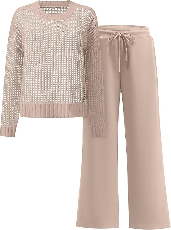 ANRABESS Womens 2 Piece Outfits Crochet Sheer Knit Sweater Top Wide Leg Pants Lounge Set Sweatsui... | Amazon (US)