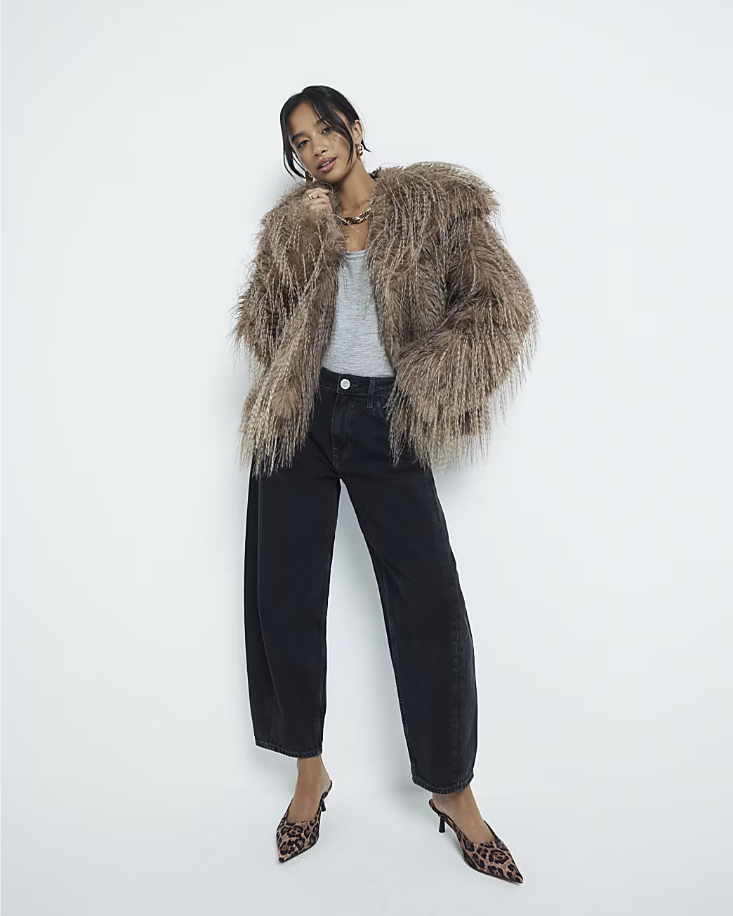 Petite Brown Faux Feather Fur Coat | River Island UK & IE