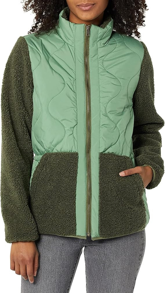 Amazon.com: Amazon Essentials Women's Faux Shearling Mixed Media Jacket, Olive/Military Green, Sm... | Amazon (US)