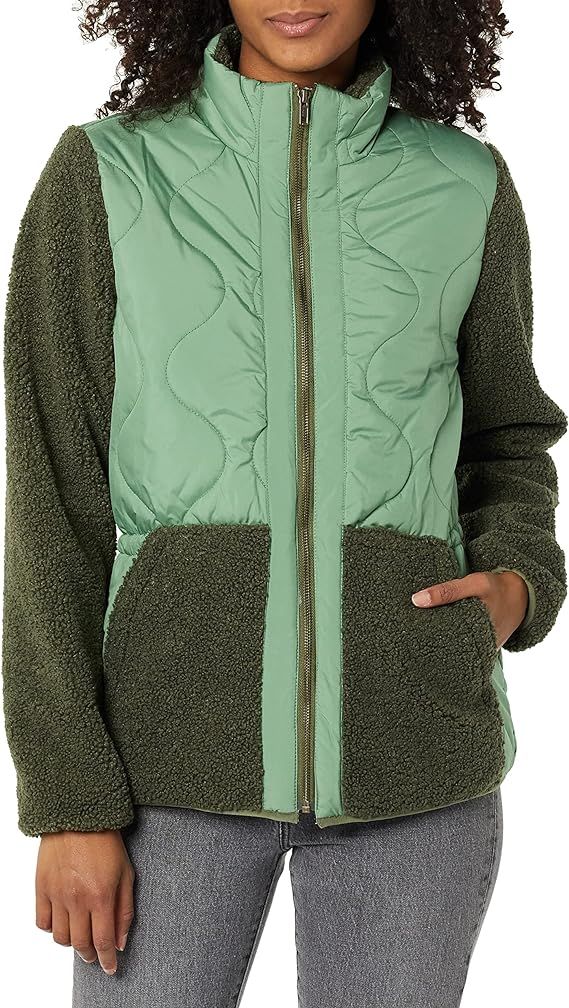 Amazon.com: Amazon Essentials Women's Faux Shearling Mixed Media Jacket, Olive/Military Green, Sm... | Amazon (US)