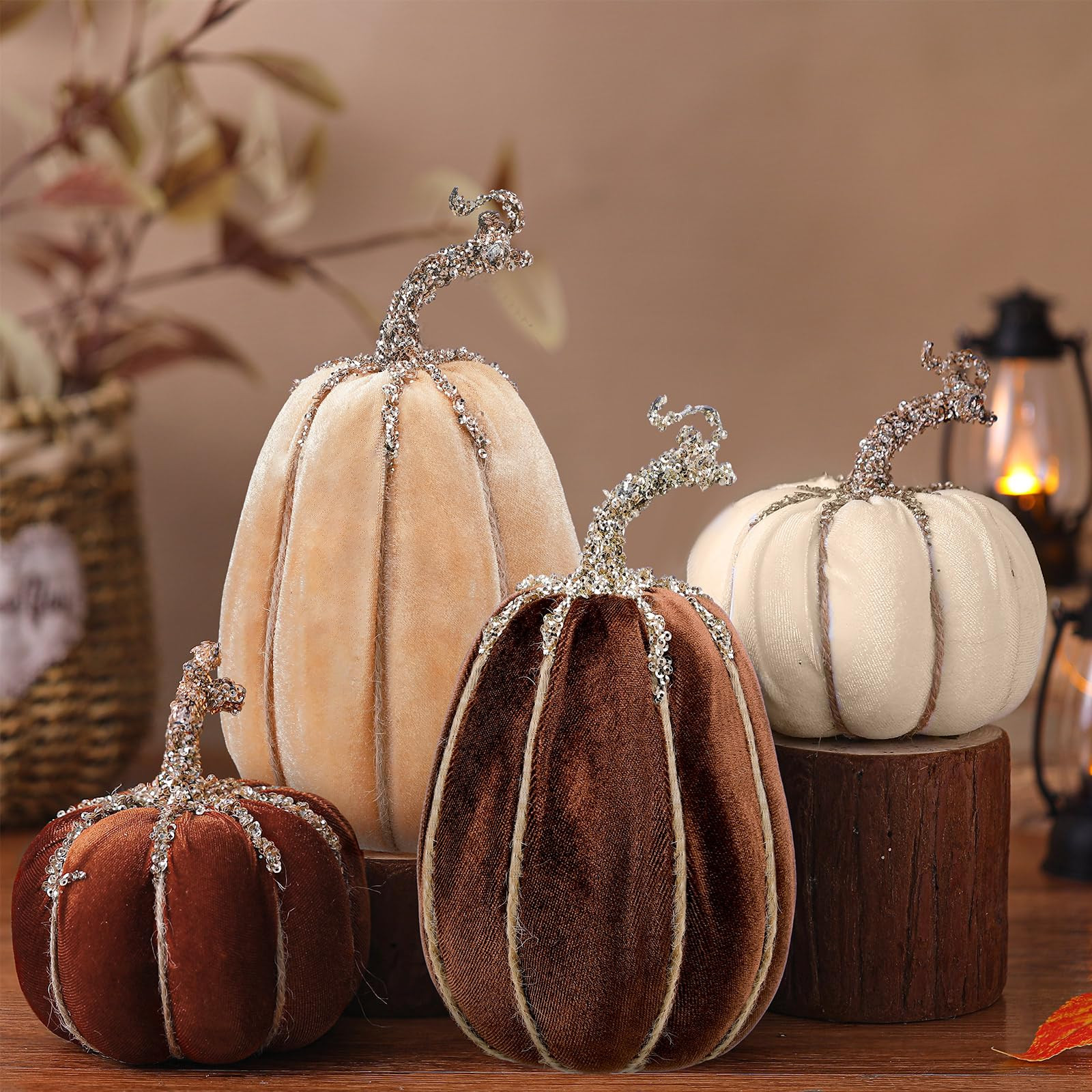 Vicenpal 4 Pcs Fall Velvet Pumpkins Set Large Brown Fake Glittered Flocked Foam Pumpkin for Autum... | Amazon (US)