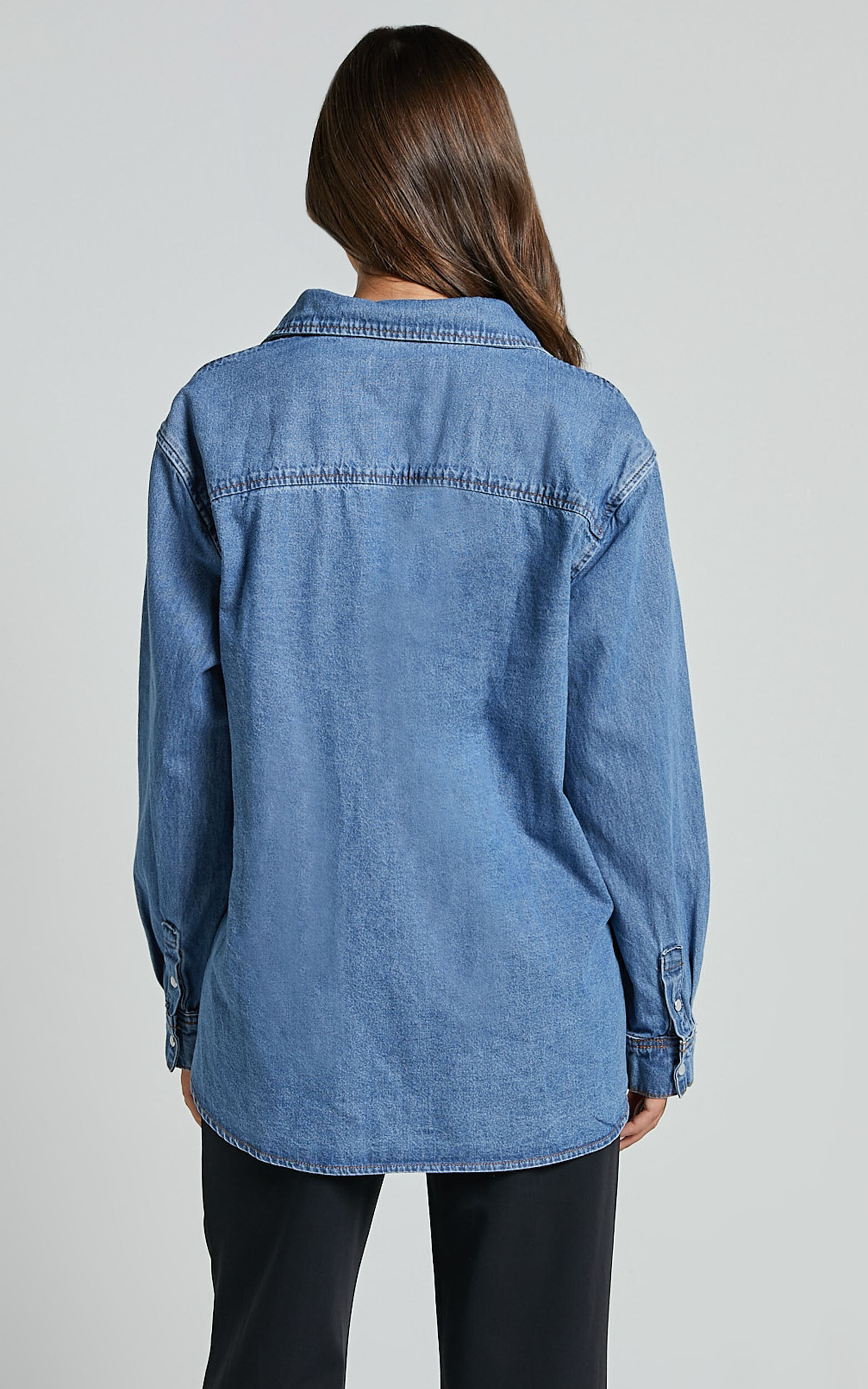 Collins Top - Long Sleeve Button Through Denim Shirt in Mid Blue Wash | Showpo (ANZ)