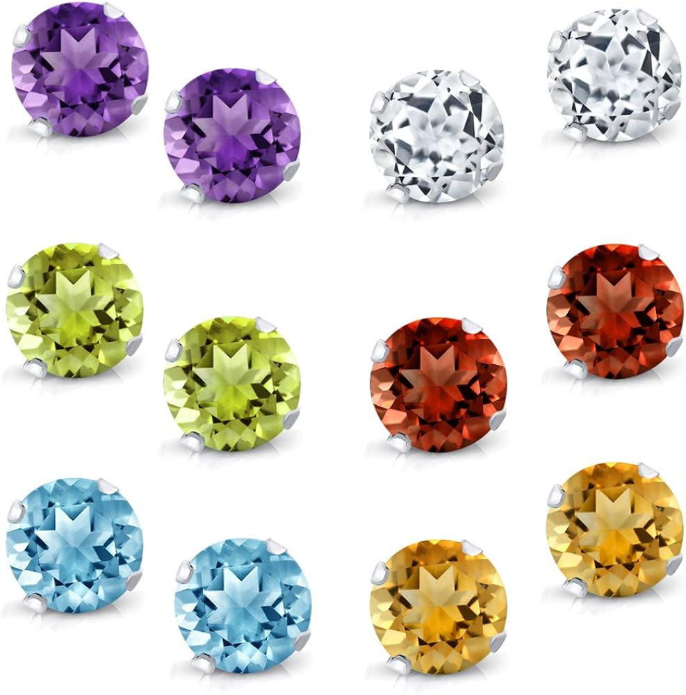 Gem Stone King 925 Sterling Silver Set of 6 Round 4MM Gemstone Stud Earrings - Amethyst, Topaz, G... | Amazon (US)