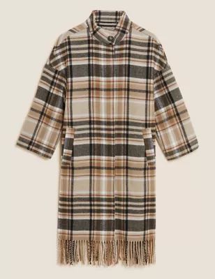 Checked Fringed Funnel Neck Blanket Coat | Marks & Spencer (UK)