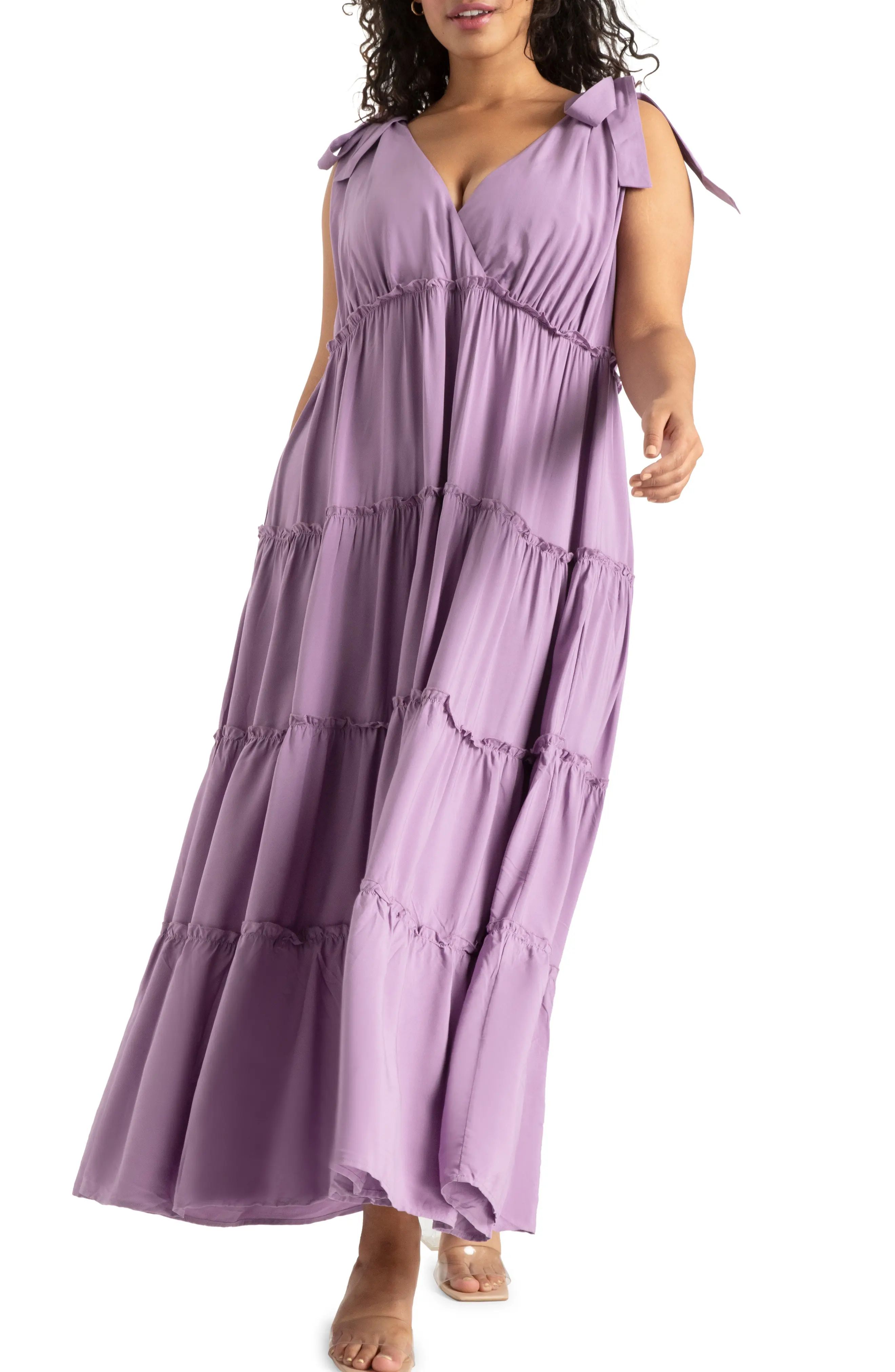 Plus Size Women's Eloquii Tie Strap Tiered Maxi Dress, Size 24W - Purple | Nordstrom