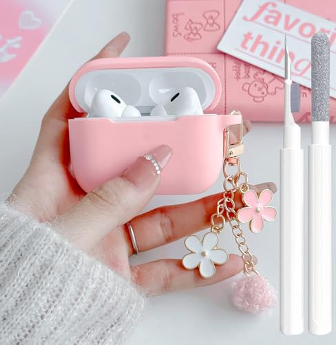 Cute Pink Case for Airpods Pro 2nd/1st Generation Cover for Girl Women with Pom pom Flower Keychain & Cleaner Kit, Soft Silicone Protective Skin for Airpods Pro 2/1 Gen 2019/2023/2022, Pink | Amazon (US)