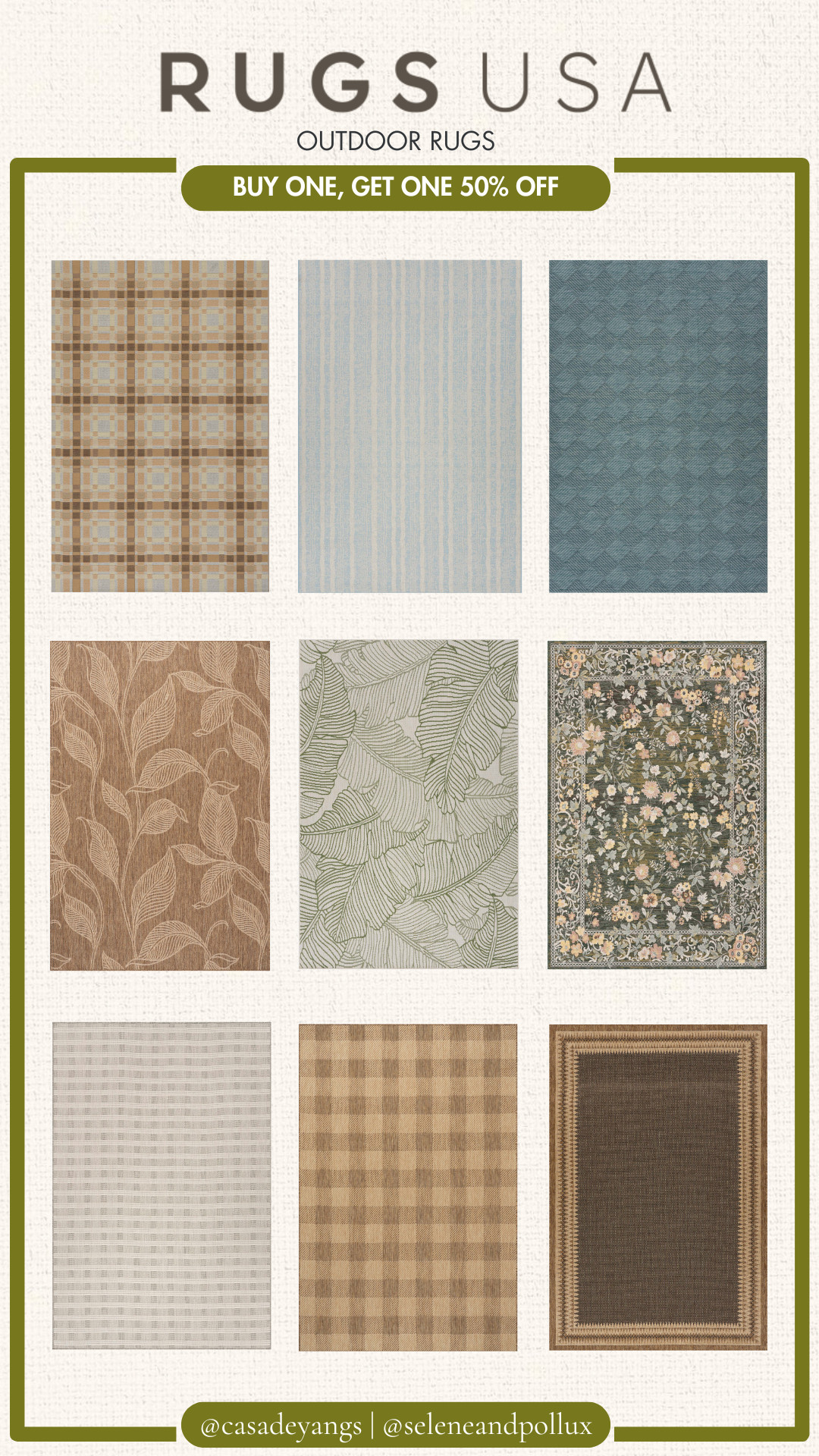 MEMORIAL DAY SALE | OUTDOOR | OUTDOOR DECOR | OUTDOOR ACCESSORIES | OUTDOOR SALE | OUTDOOR RUGS | RUGS USA | BLUE OUTDOOR RUGS | GREEN OUTDOOR RUGS | NEUTRAL OUTDOOR RUGS | FLORAL OUTDOOR RUGS | BUY ONE, GET ONE 50% OFF  

 #LTKSeasonal #LTKHome #LTKSaleAlert