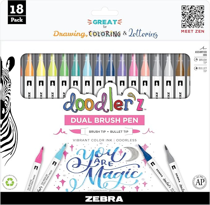 Zebra Pen Doodlerz Brush Pen, Brush and Bullet Tips, Vibrant Color Ink, Assorted Colors, 18 Pack | Amazon (US)