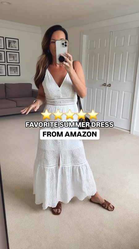 My favorite summer dress from Amazon ⭐️ comes in other colors. The eyelet embroidered detail is stunning. 
Wearing size 0-2
Sandals are target 

#LTKStyleTip #LTKFindsUnder50