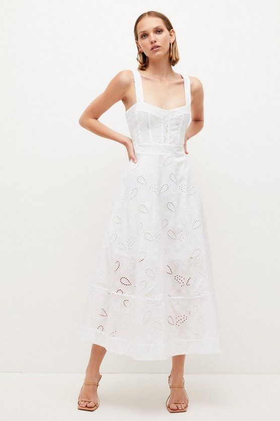 Lydia Millen Petite White Broderie Midi Prom Dress | Karen Millen UK & IE