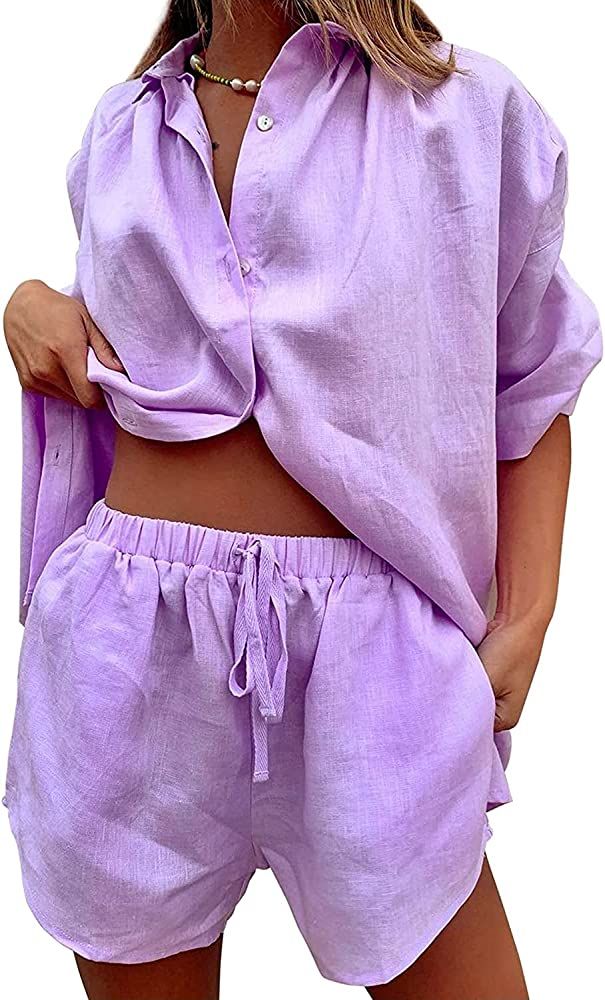 Amazon.com: KVV Womens 2 Piece Outfits Casual Loungewear Sets Stripe Long Sleeve Shirt And Loose ... | Amazon (US)