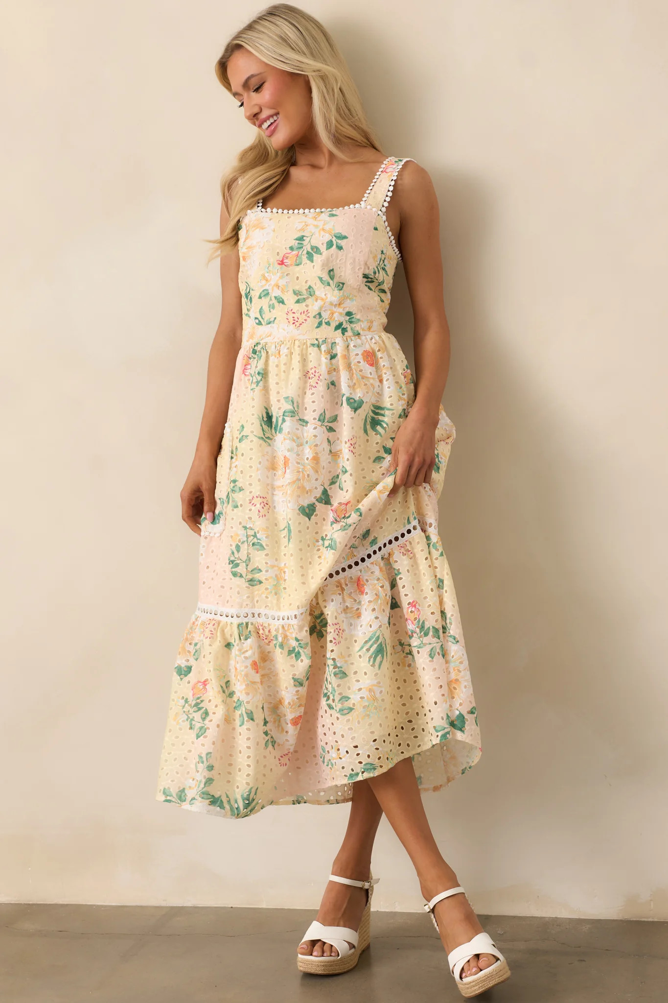 Champagne Toast Yellow Floral Embroidered Midi Dress | Red Dress