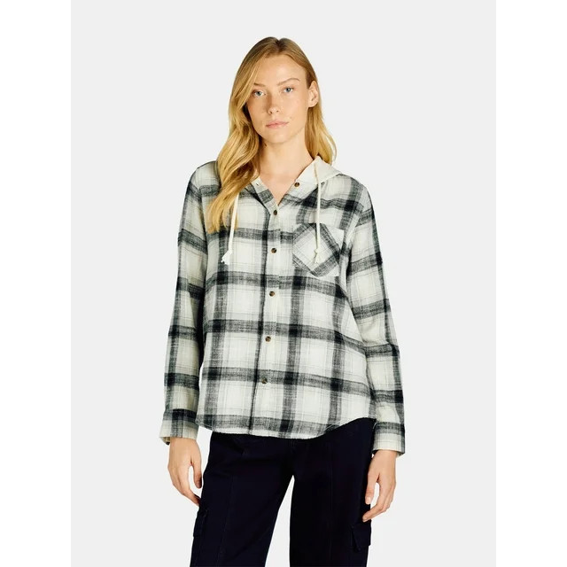 Time and Tru Women's Hooded Flannel Button Down Shirt with Long Sleeves, Sizes XS-XXXL | Walmart (US)