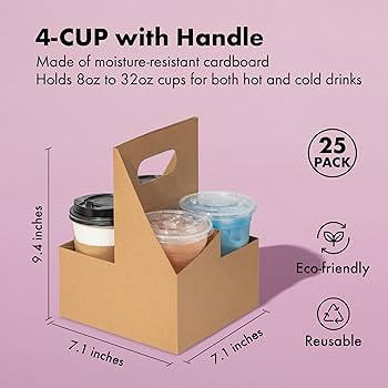 FMP Brands 4 Cup Disposable Drink Carrier with Handle, 25 Pack Kraft Paperboard Handled Drink Car... | Amazon (US)
