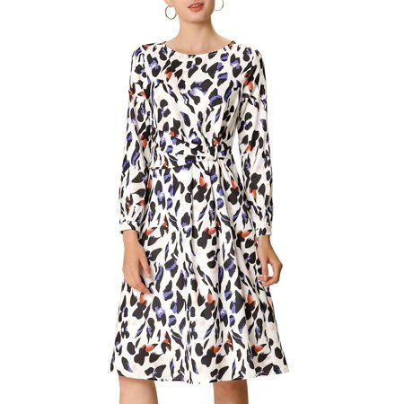 Allegra K Junior's Leopard Boat Neck Ruched Waist A Line Midi Dress XL (17) White | Walmart (US)