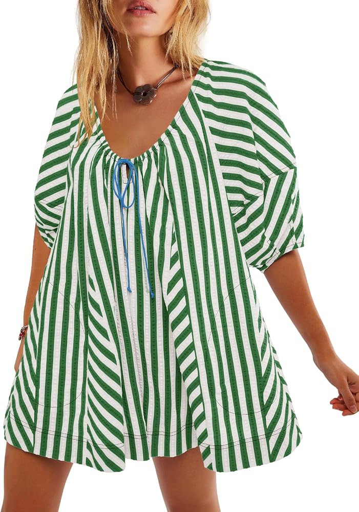 Yanekop Womens Romper Dress with Shorts Striped Romper Overall Oversized Short Jumpsuit V Neck Pu... | Amazon (US)