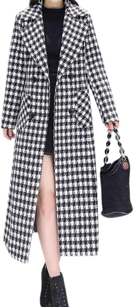 chouyatou Women's Houndstooth Notched Collar Double Breasted Overcoat Plaid Wool Blend Long Trenc... | Amazon (US)