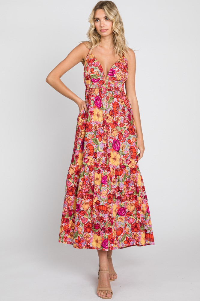 Red Floral Open Back Maxi Dress | PinkBlush Maternity