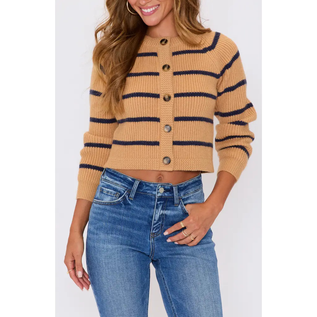 VICI Collection Nadia Stripe Crop Cardigan in Camel Navy at Nordstrom, Size X-Small | Nordstrom