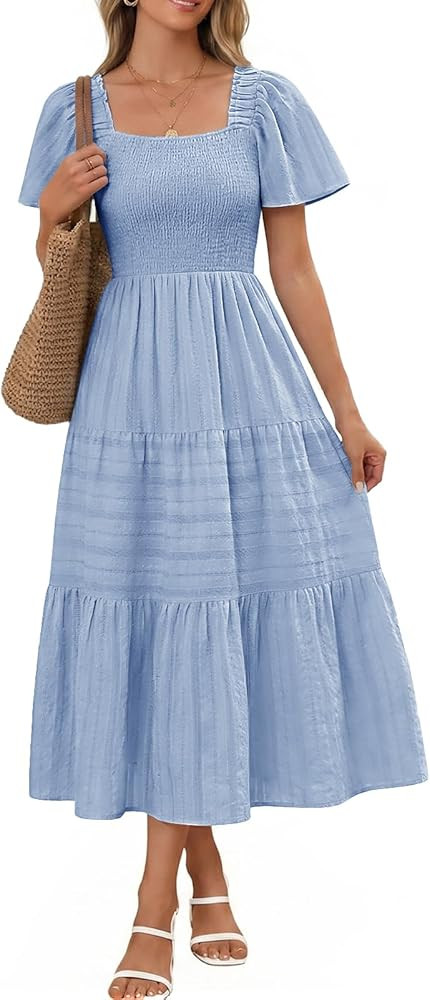 Bbonlinedress Women's Summer Midi Casual Dress 2026 Flowy Short Sleeve Square Neck Smocked Ruffle... | Amazon (US)