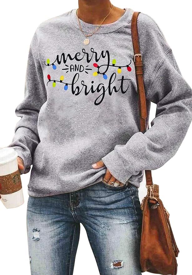 Christmas Sweatshirt Women Merry and Bright Christmas T-Shirt Funny Xmas Lights Blouse Tops Holid... | Amazon (US)