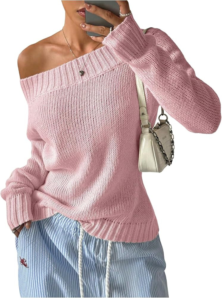 SOLY HUX Women's Off The Shoulder Sweater Boat Neck Knit Top Pullover Fall Clothes | Amazon (US)