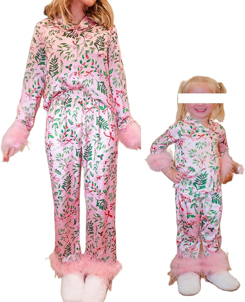 UAURORAO Mommy and Me Matching Pajamas Set Christmas Silk Satin Pjs Holiday Print Xmas Jemmies fo... | Amazon (US)