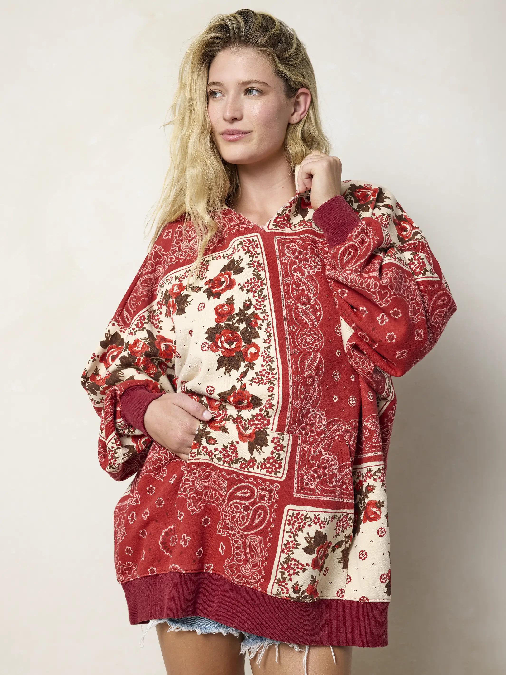Oversized Printed Hoodie - Western Handkerchief Brick | Natural Life
