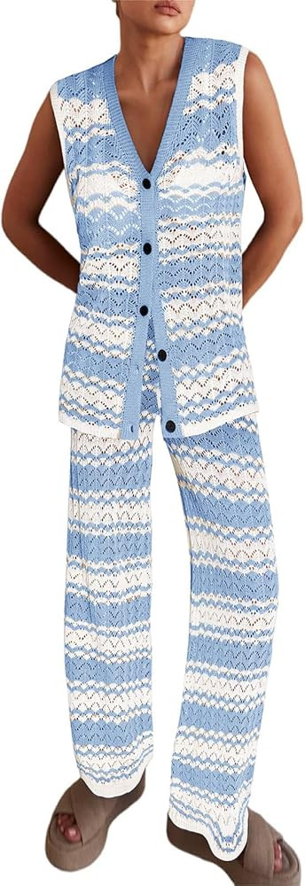 Imily Bela Womens Knit 2 Piece Sets Summer Outfits Sleeveless Vest Tops Wide Leg Pants Striped Lo... | Amazon (US)