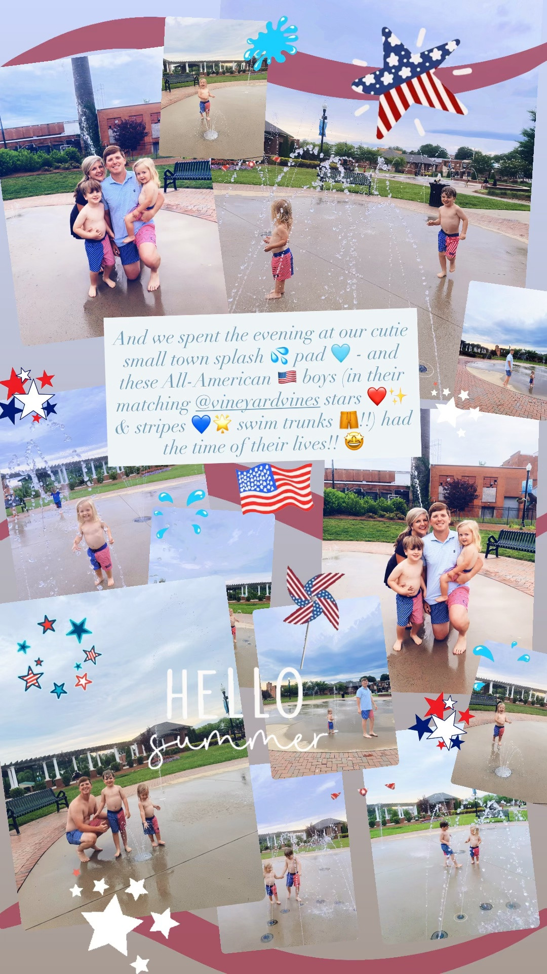 And we spent the evening at our cutie small town splash 💦 pad 🩵 - and these All-American 🇺🇸 boys (in their matching @vineyardvines stars ❤️✨ & stripes 💙🌟 swim trunks 🩳!!) had the time of their lives!! 🤩