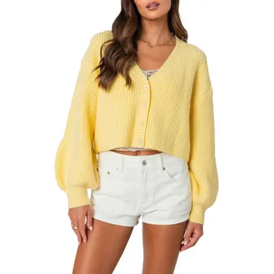EDIKTED Sabrina Bishop Sleeve Crop Cardigan in Yellow at Nordstrom, Size Small | Nordstrom