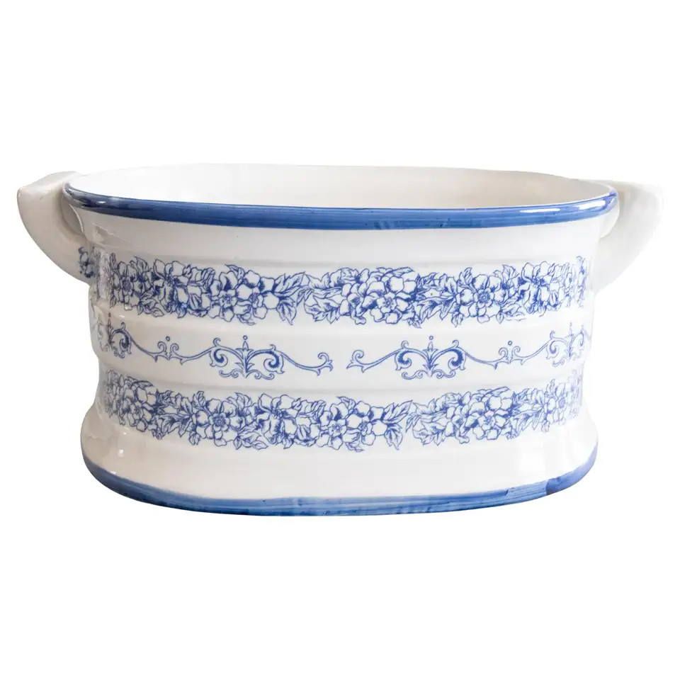 Mid-20th Century Italian Blue & White Porcelain Foot Bath Jardiniere Centerpiece | 1stDibs
