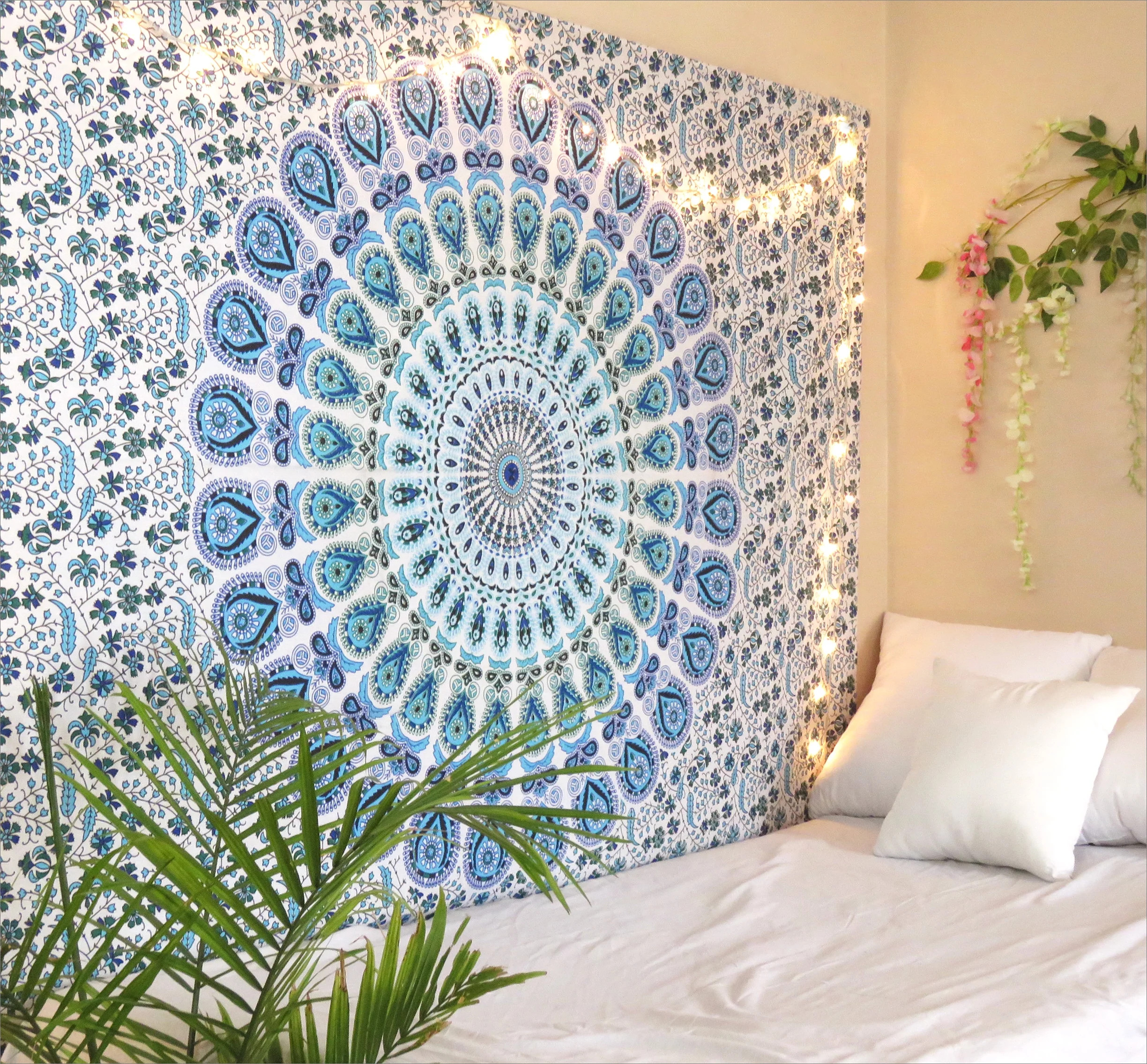 Blue White Peacock Mandala Tapestry Twin Size Boho Beach Throw Dorm Room Indian Wall Hanging Art ... | Walmart (US)