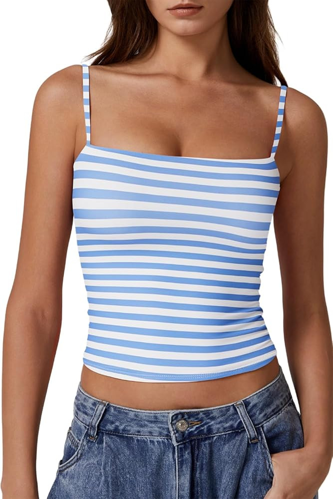 QINSEN Women's Double Lined Basic Tank Top Adjustable Spaghetti Straps Sleeveless Camisole Shirts | Amazon (US)